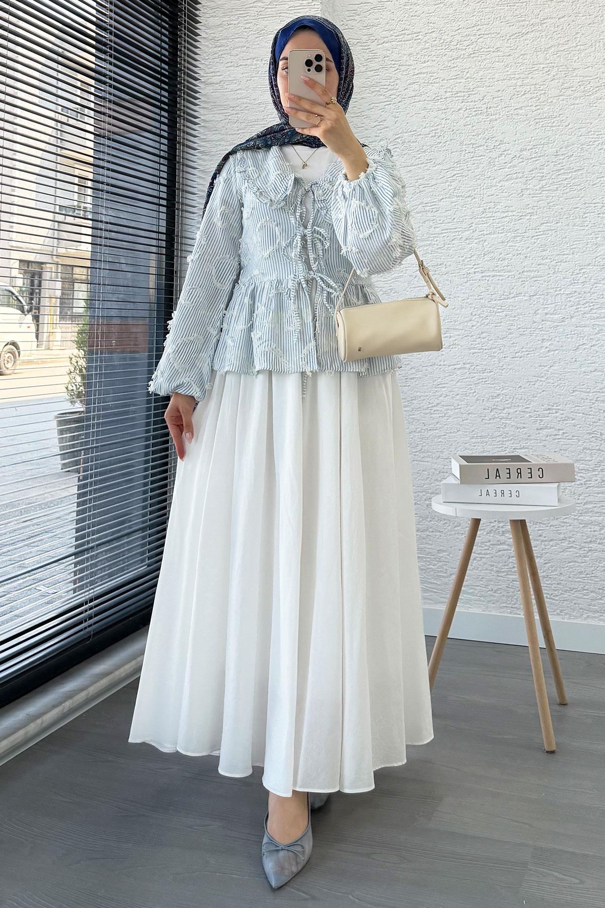 Püsküllü Çizgili Pamuk Kimono – Mavi