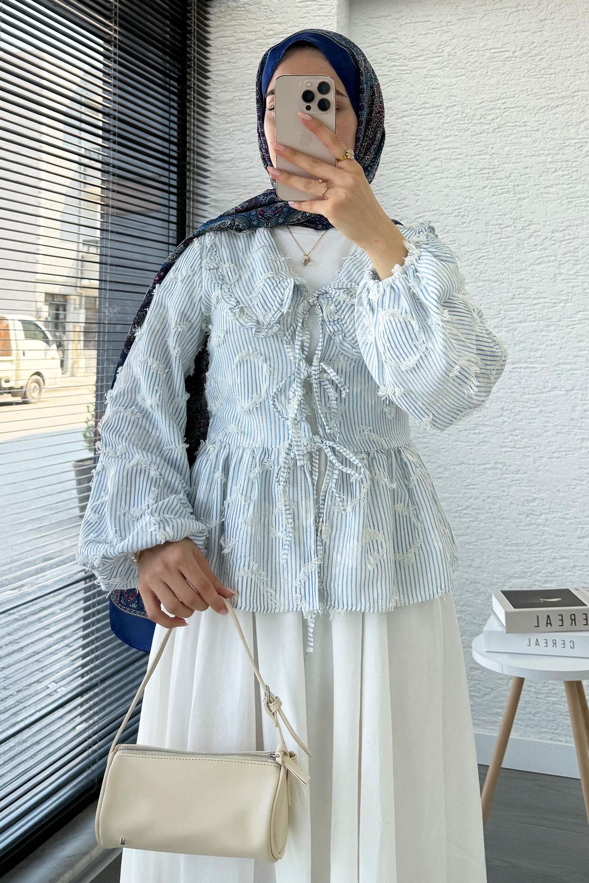 Püsküllü Çizgili Pamuk Kimono – Mavi