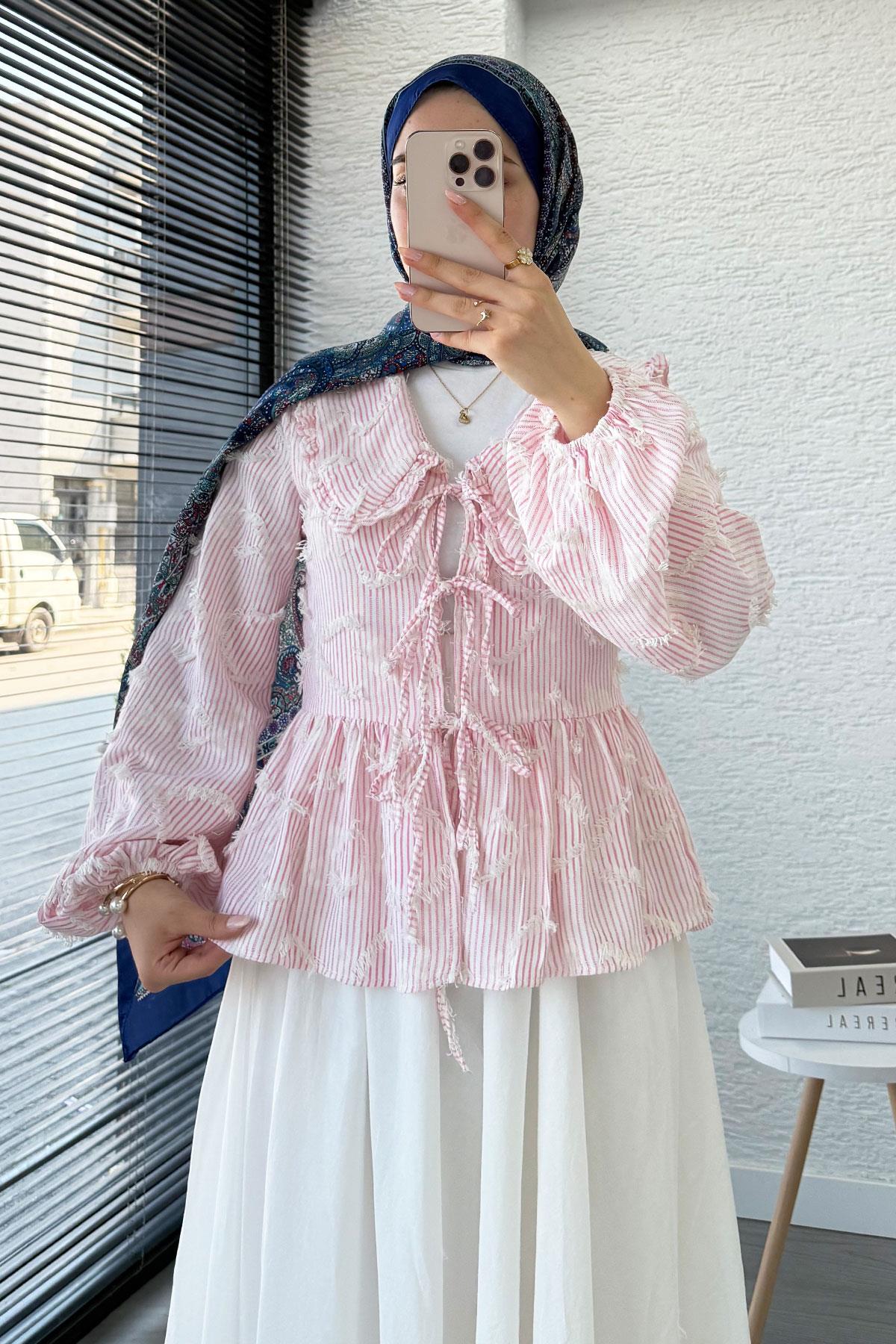 Püsküllü Çizgili Pamuk Kimono – Pembe