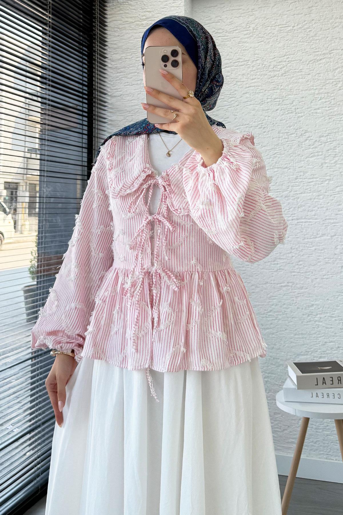 Püsküllü Çizgili Pamuk Kimono – Pembe