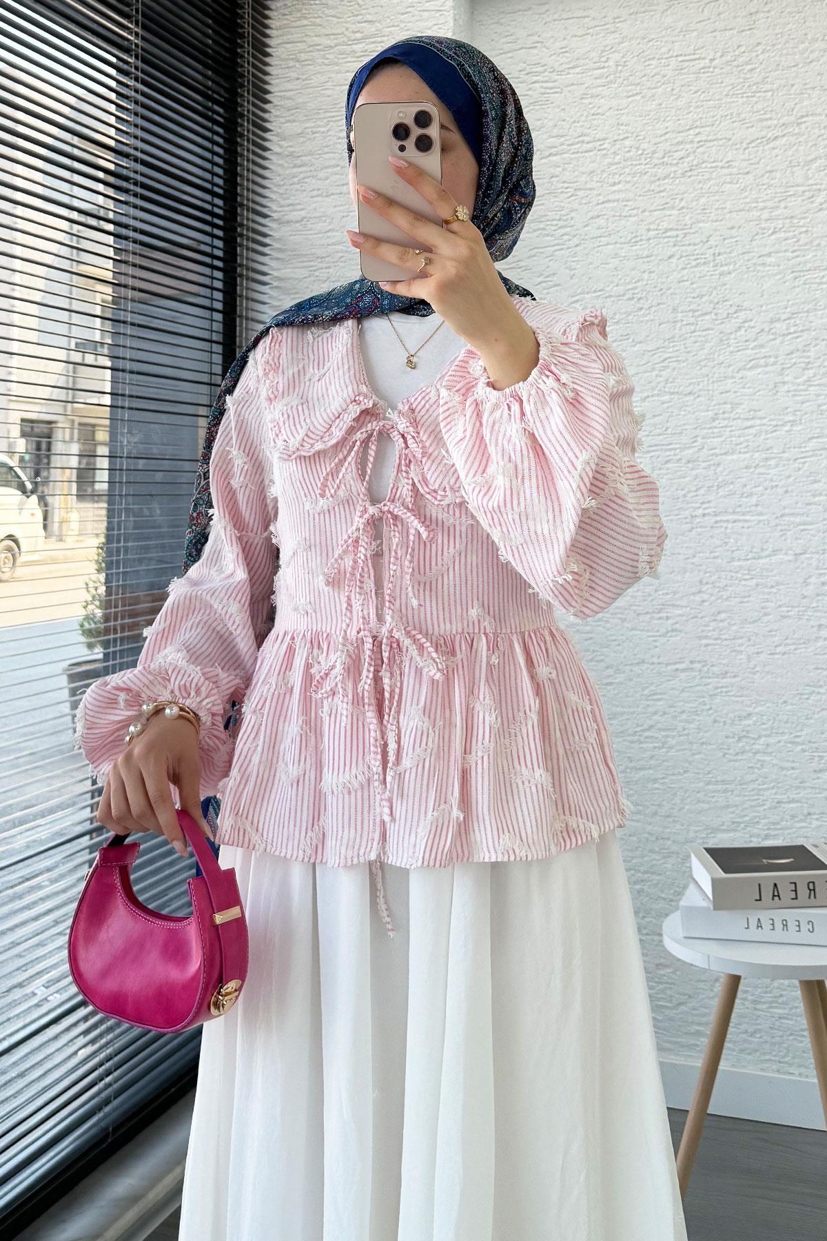 Püsküllü Çizgili Pamuk Kimono – Pembe