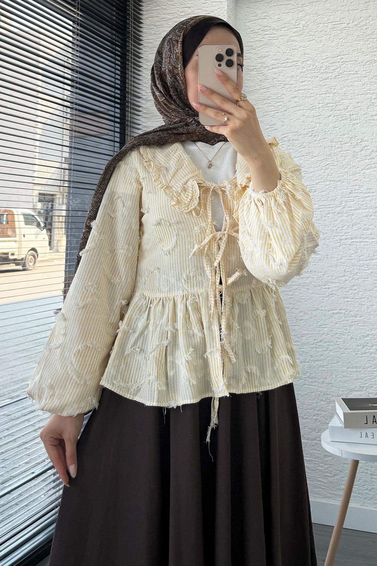 Püsküllü Çizgili Pamuk Kimono – Sarı