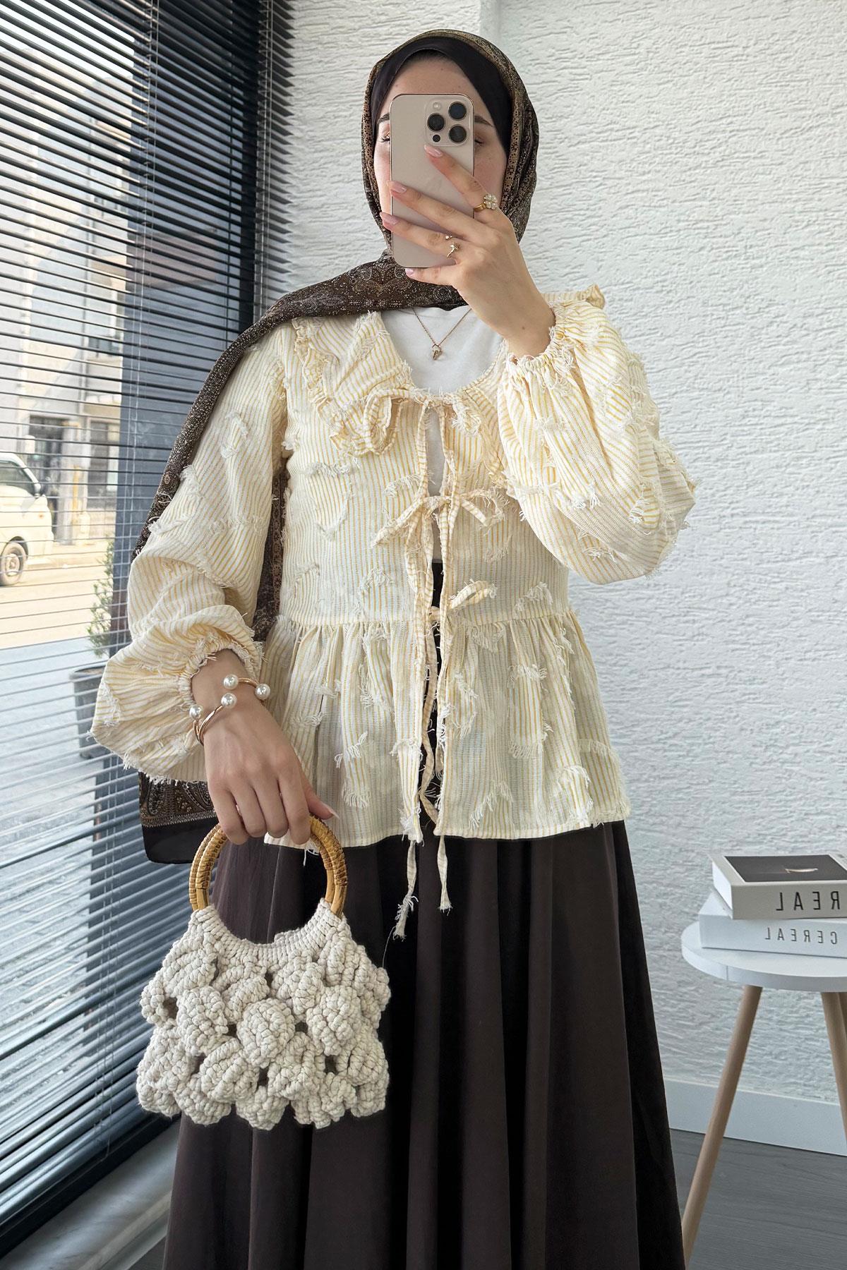 Püsküllü Çizgili Pamuk Kimono – Sarı