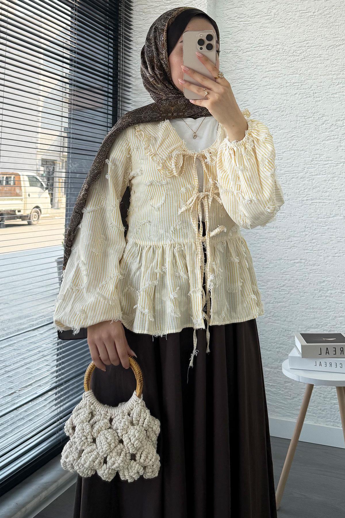 Püsküllü Çizgili Pamuk Kimono – Sarı