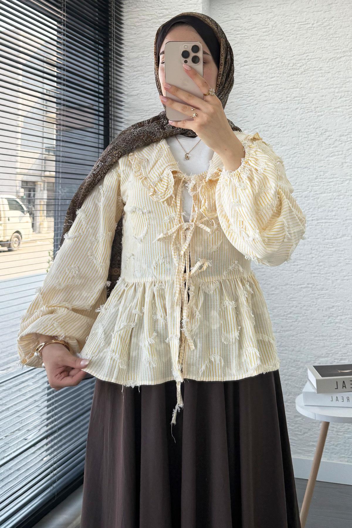 Püsküllü Çizgili Pamuk Kimono – Sarı