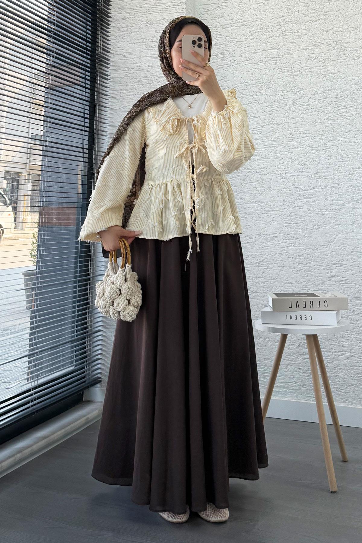 Püsküllü Çizgili Pamuk Kimono – Sarı