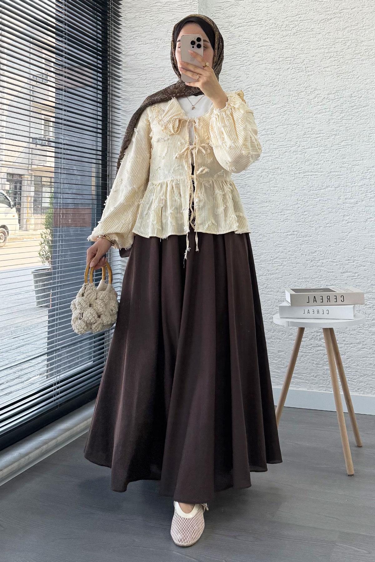 Püsküllü Çizgili Pamuk Kimono – Sarı