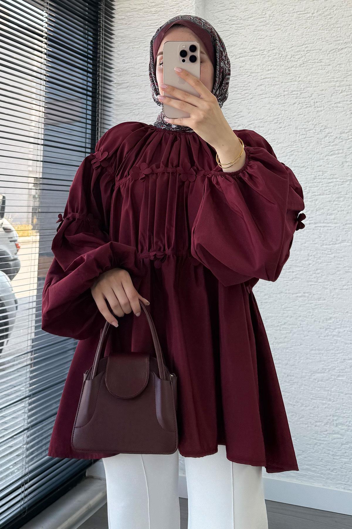 Reglan Çiçek Detaylı Poplin Tunik – Bordo