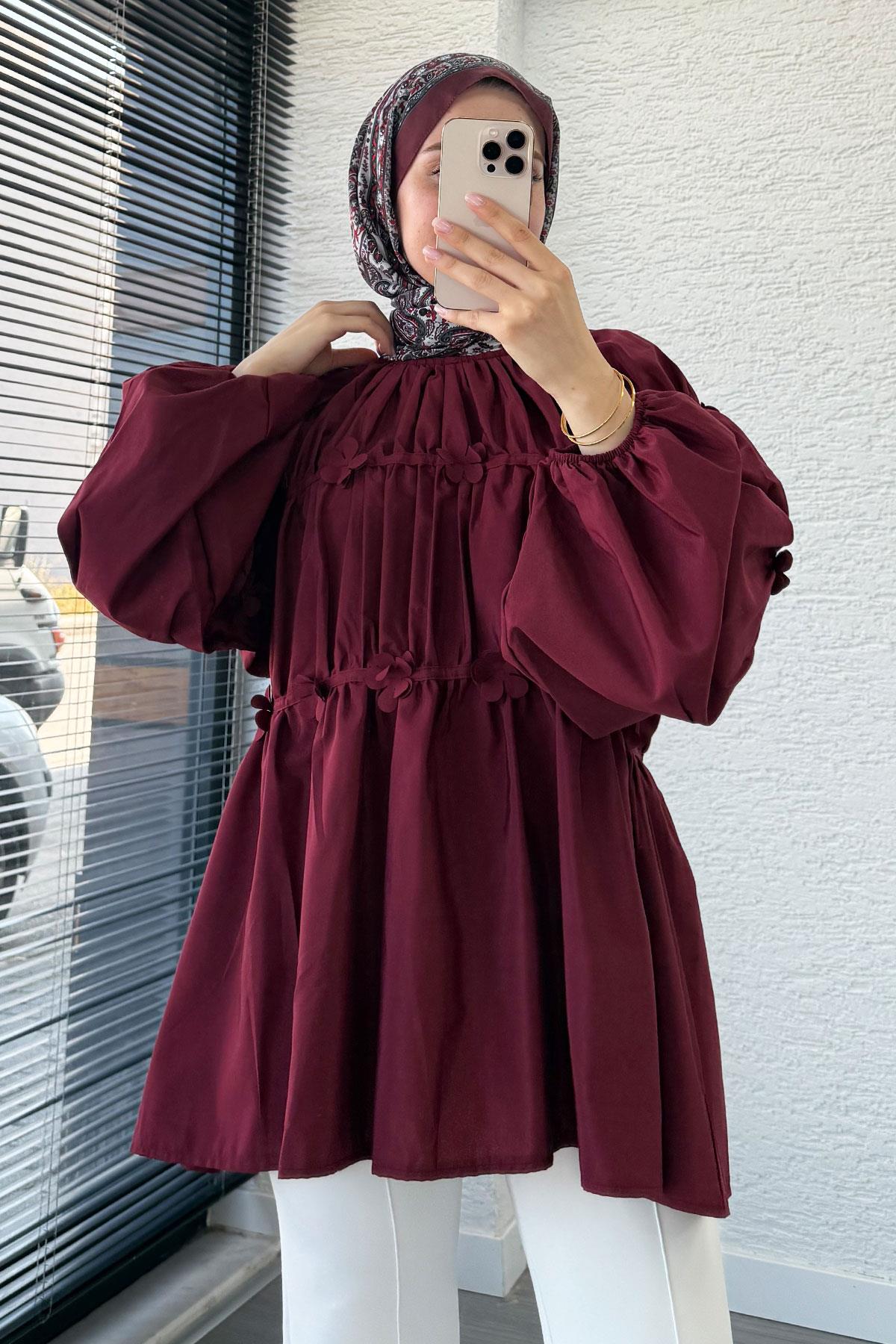 Reglan Çiçek Detaylı Poplin Tunik – Bordo