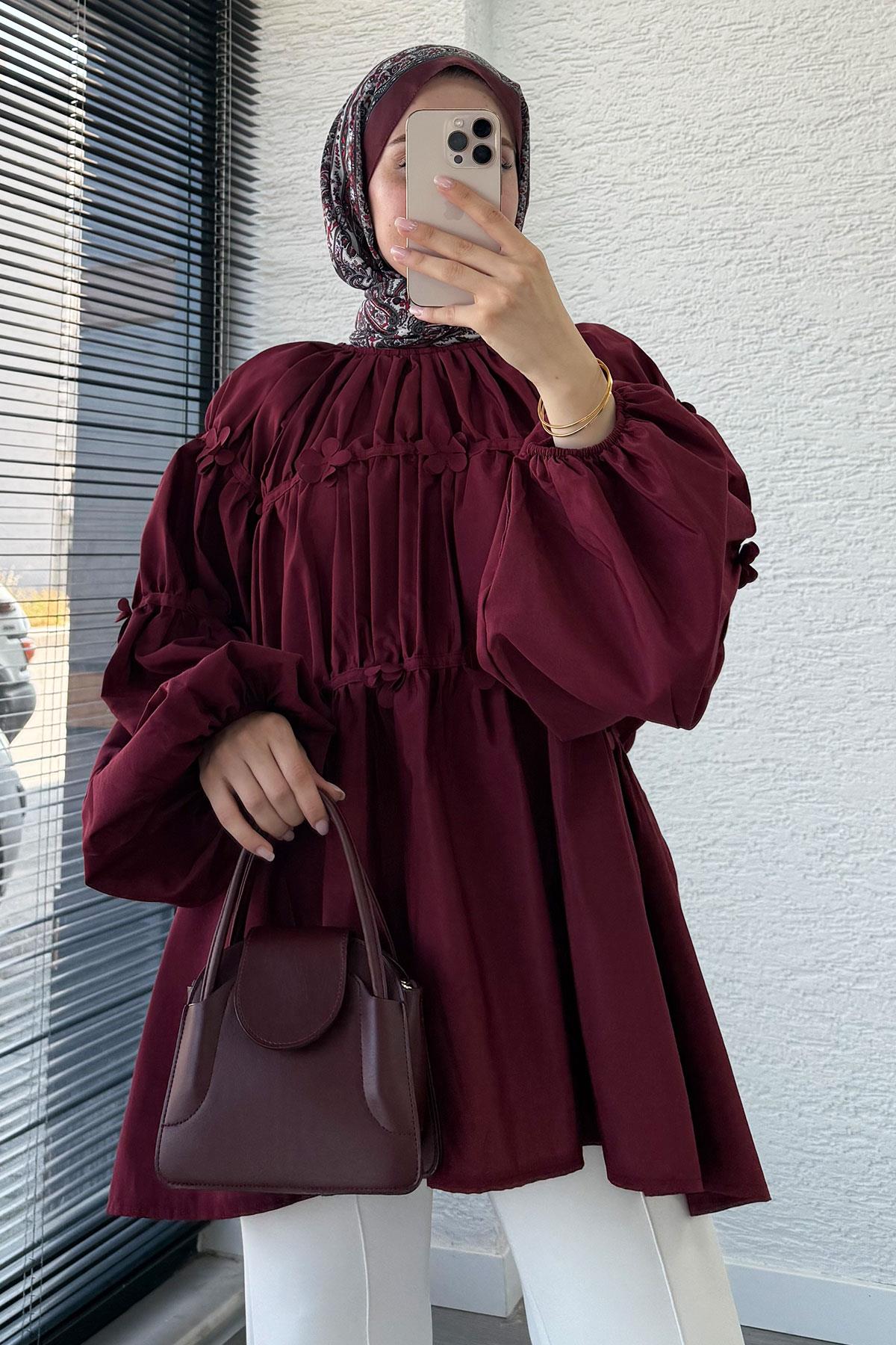 Reglan Çiçek Detaylı Poplin Tunik – Bordo