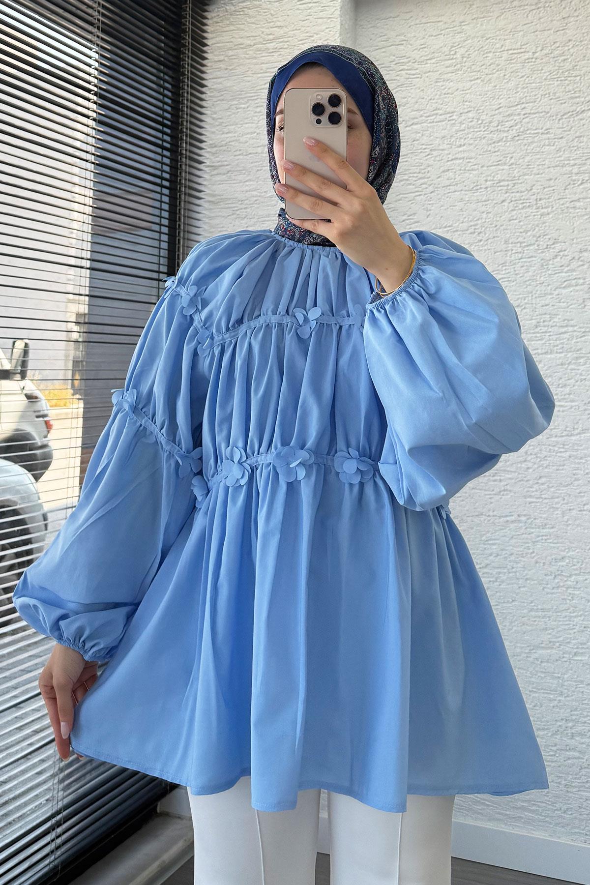 Reglan Çiçek Detaylı Poplin Tunik – Mavi