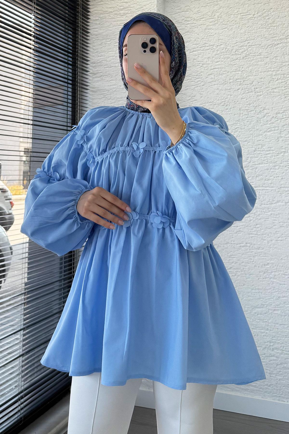Reglan Çiçek Detaylı Poplin Tunik – Mavi
