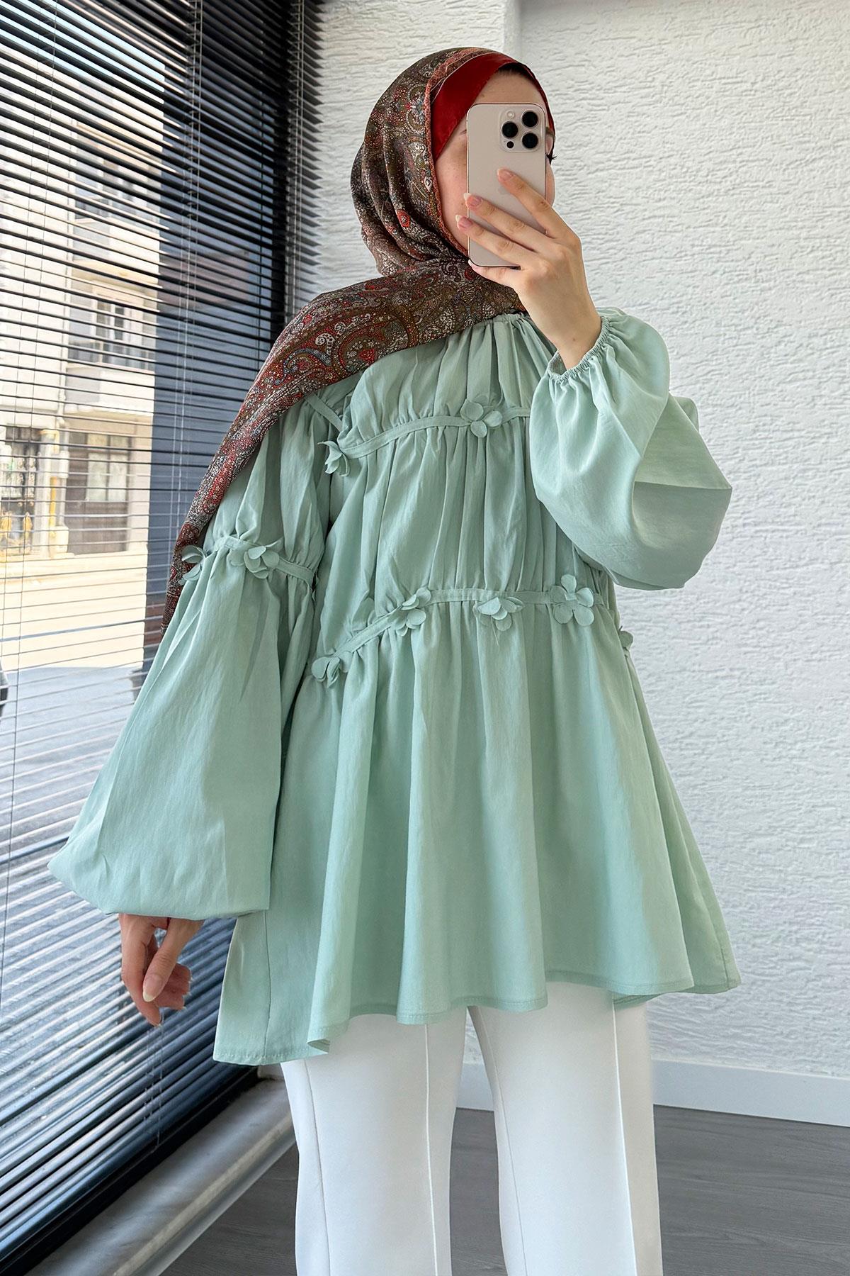 Reglan Çiçek Detaylı Poplin Tunik – Mint