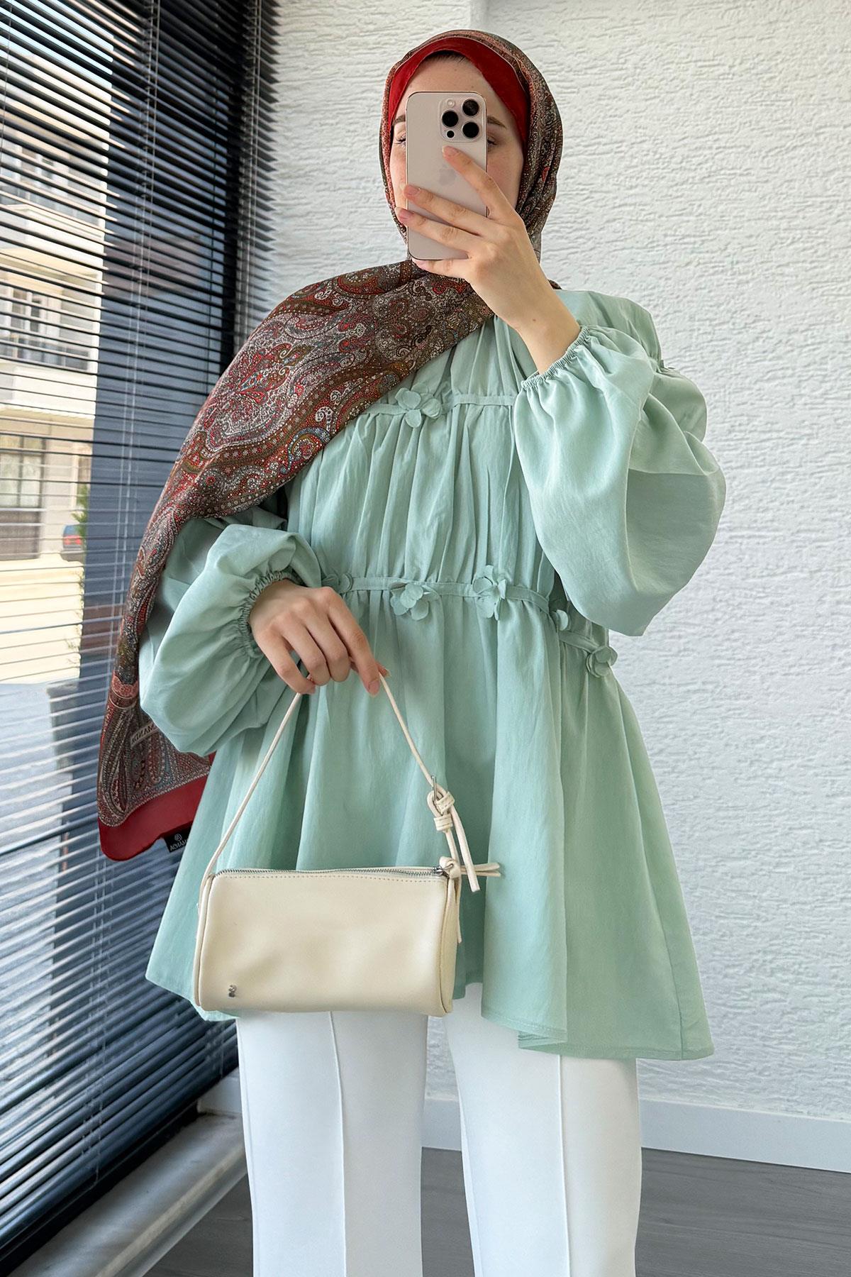 Reglan Çiçek Detaylı Poplin Tunik – Mint