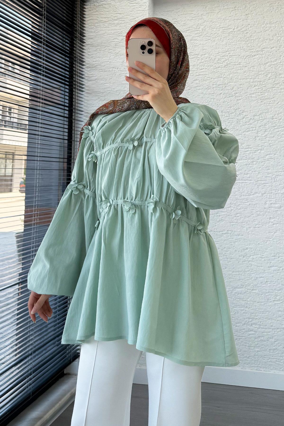 Reglan Çiçek Detaylı Poplin Tunik – Mint