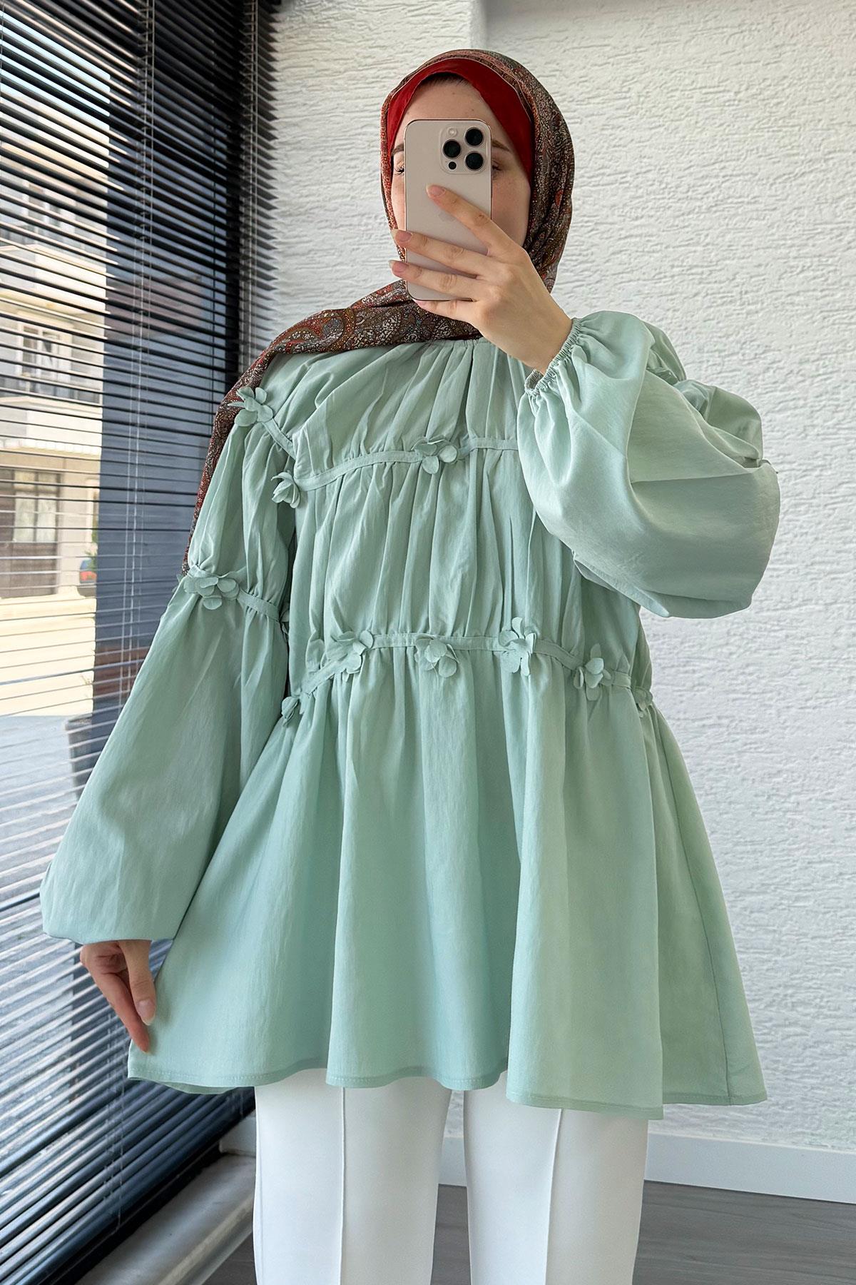 Reglan Çiçek Detaylı Poplin Tunik – Mint