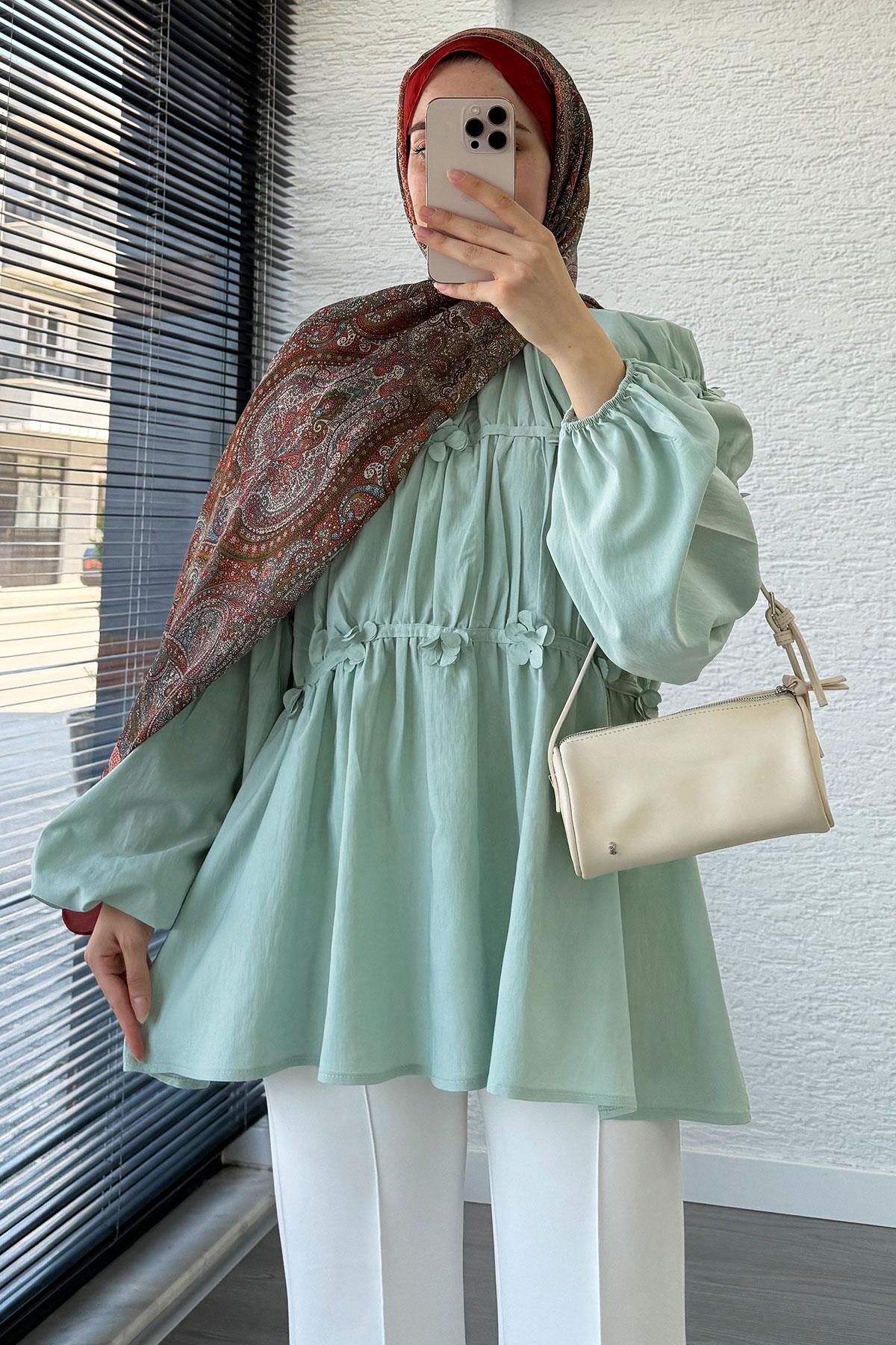 Reglan Çiçek Detaylı Poplin Tunik – Mint