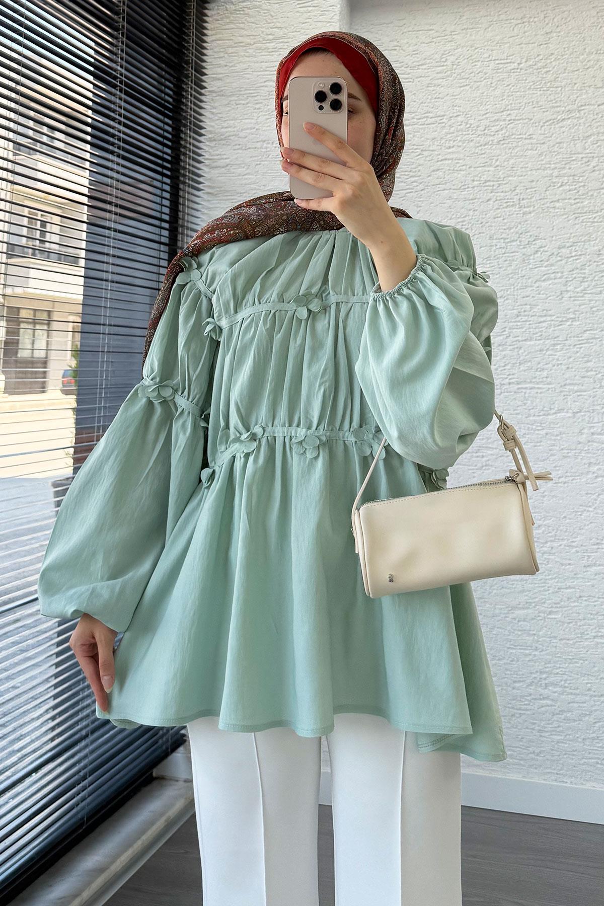 Reglan Çiçek Detaylı Poplin Tunik – Mint
