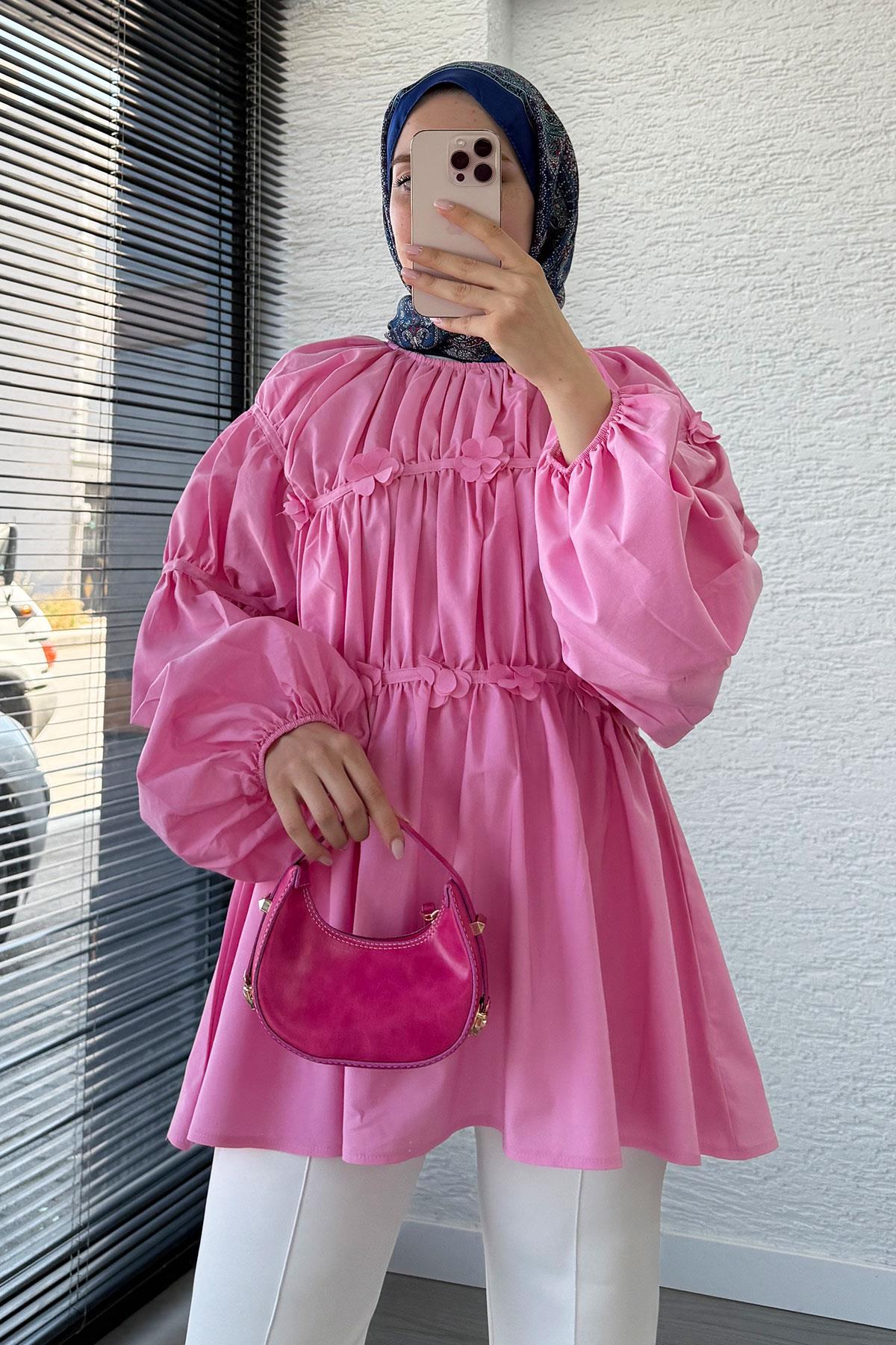 Reglan Çiçek Detaylı Poplin Tunik – Pembe