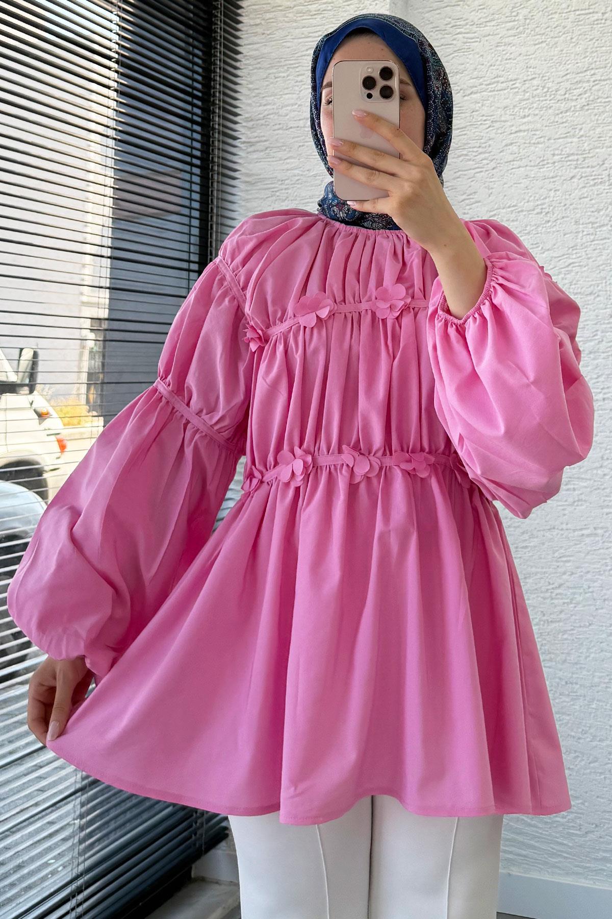 Reglan Çiçek Detaylı Poplin Tunik – Pembe