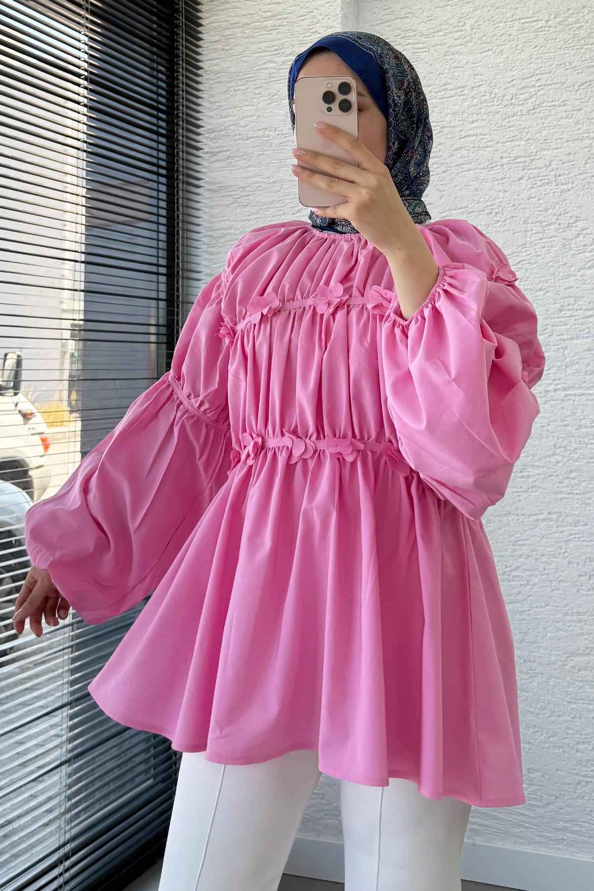 Reglan Çiçek Detaylı Poplin Tunik – Pembe