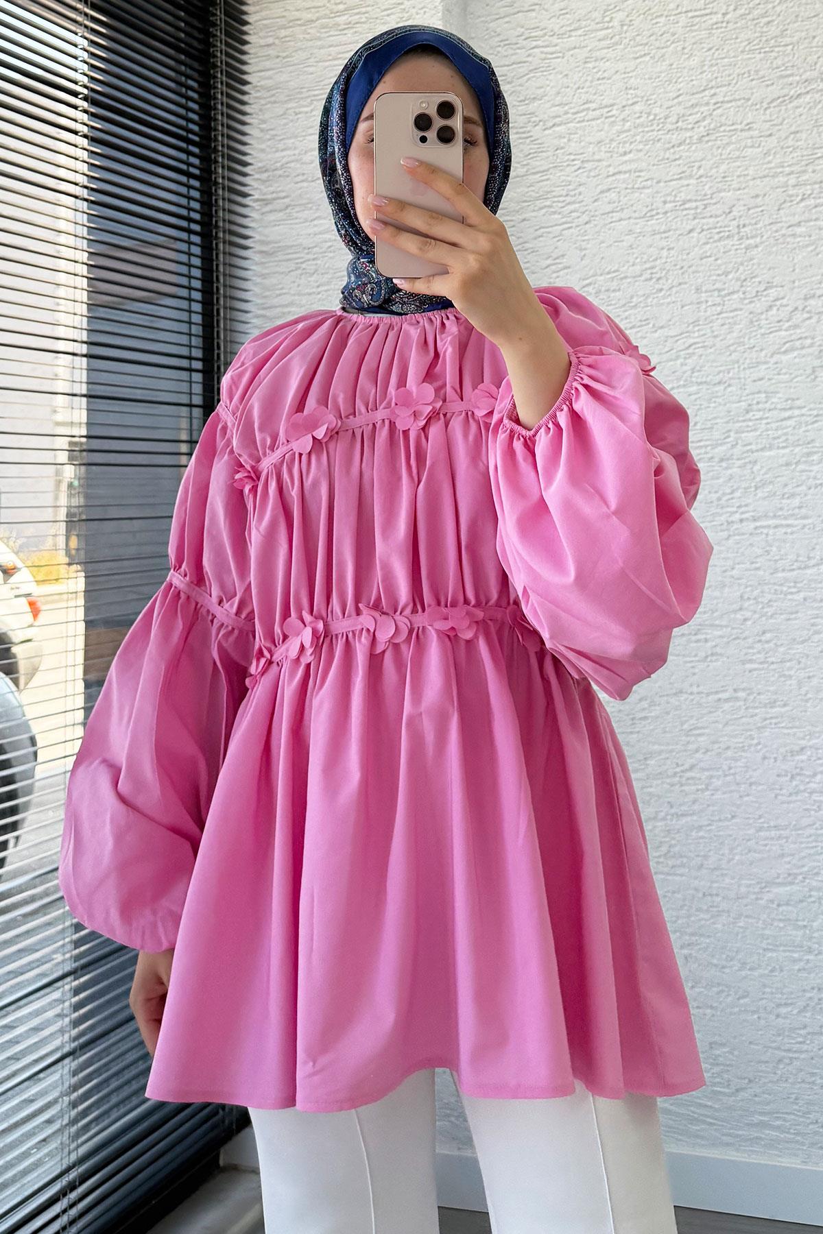 Reglan Çiçek Detaylı Poplin Tunik – Pembe