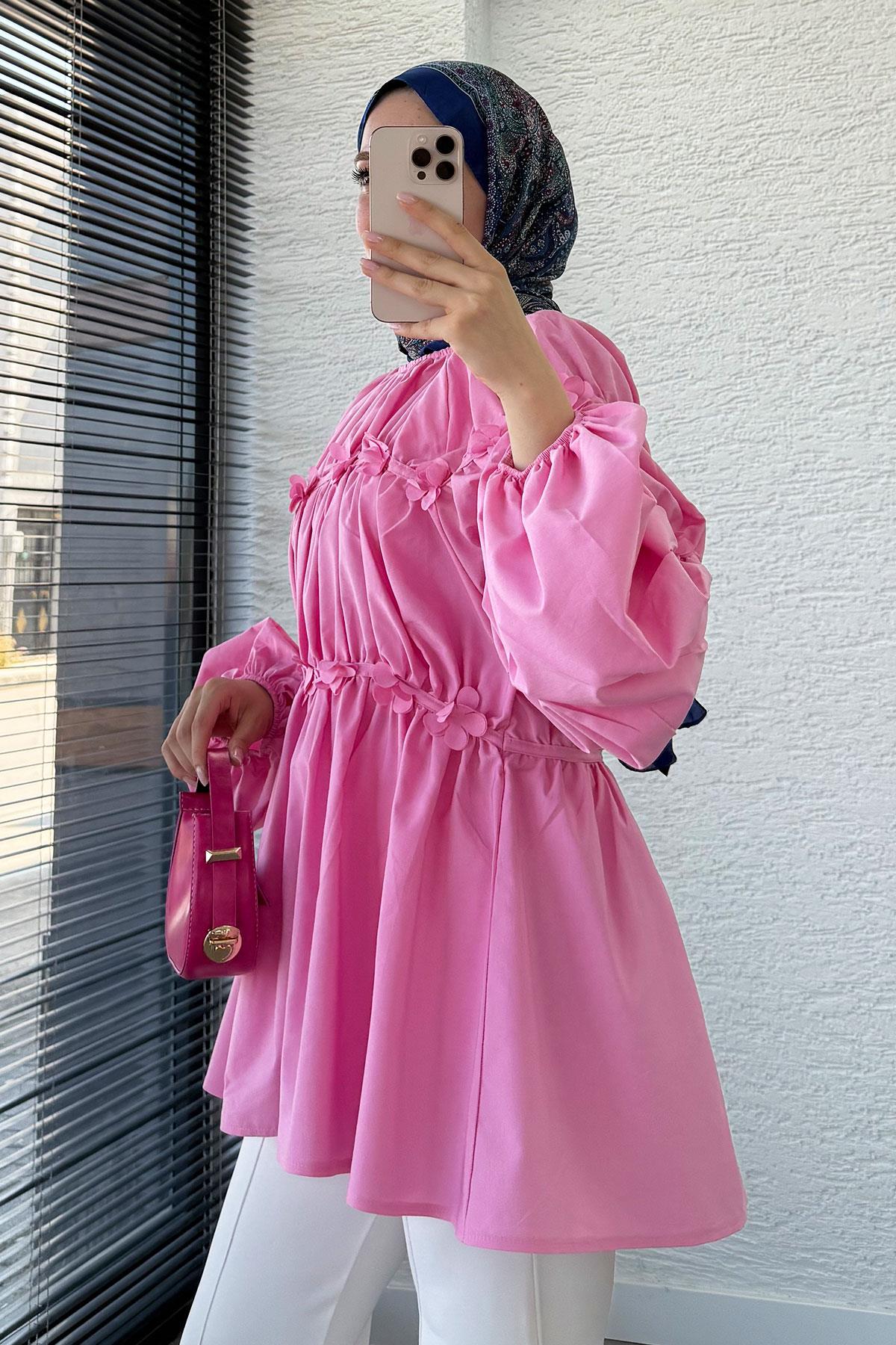 Reglan Çiçek Detaylı Poplin Tunik – Pembe