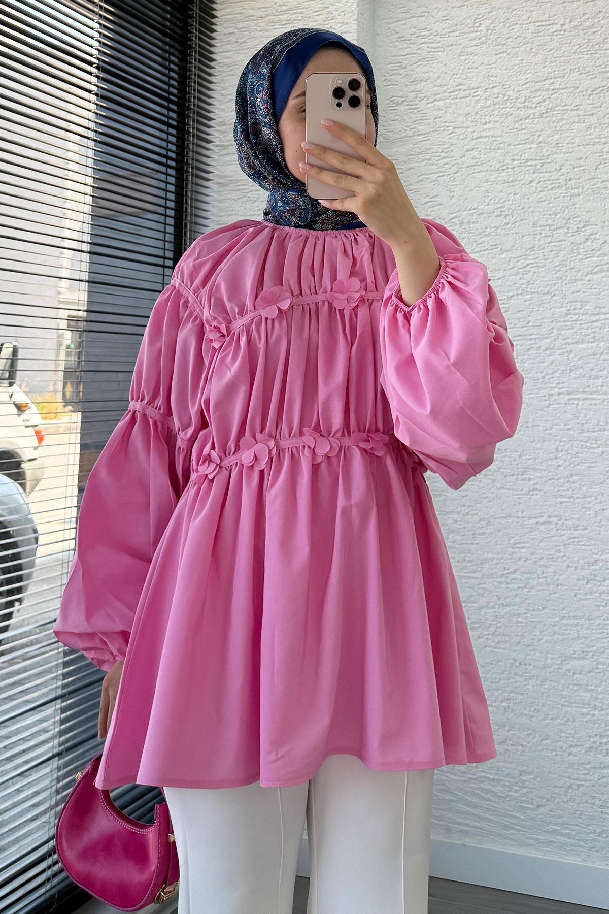 Reglan Çiçek Detaylı Poplin Tunik – Pembe