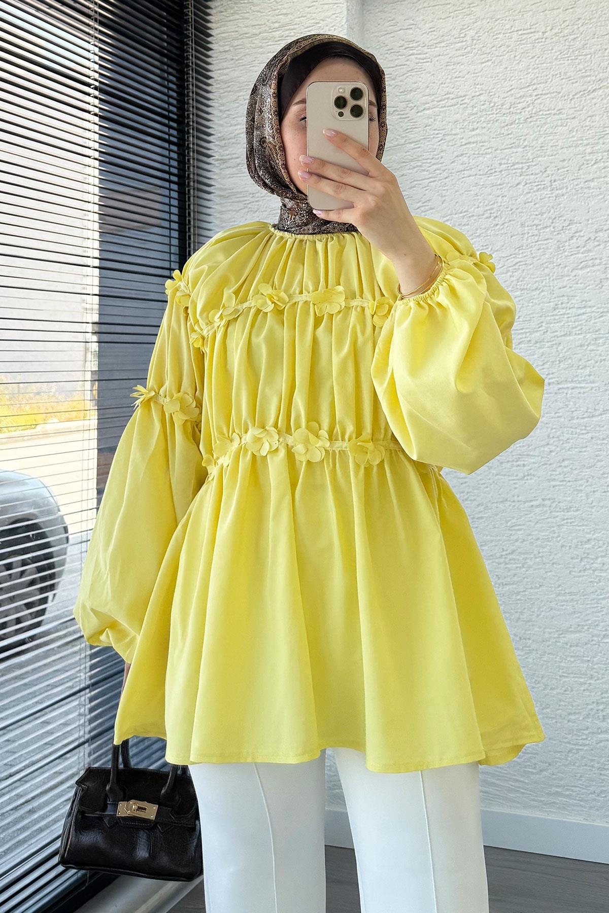 Reglan Çiçek Detaylı Poplin Tunik – Sarı