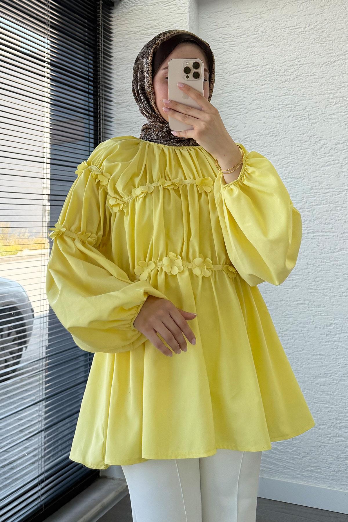 Reglan Çiçek Detaylı Poplin Tunik – Sarı