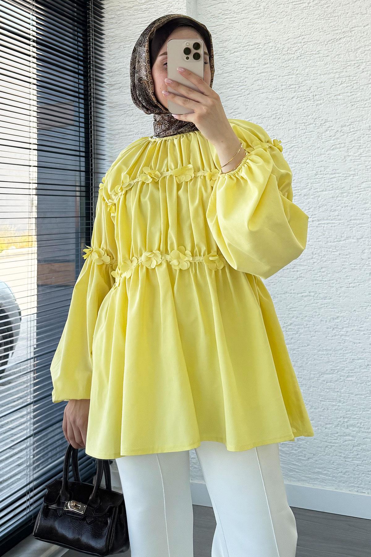 Reglan Çiçek Detaylı Poplin Tunik – Sarı