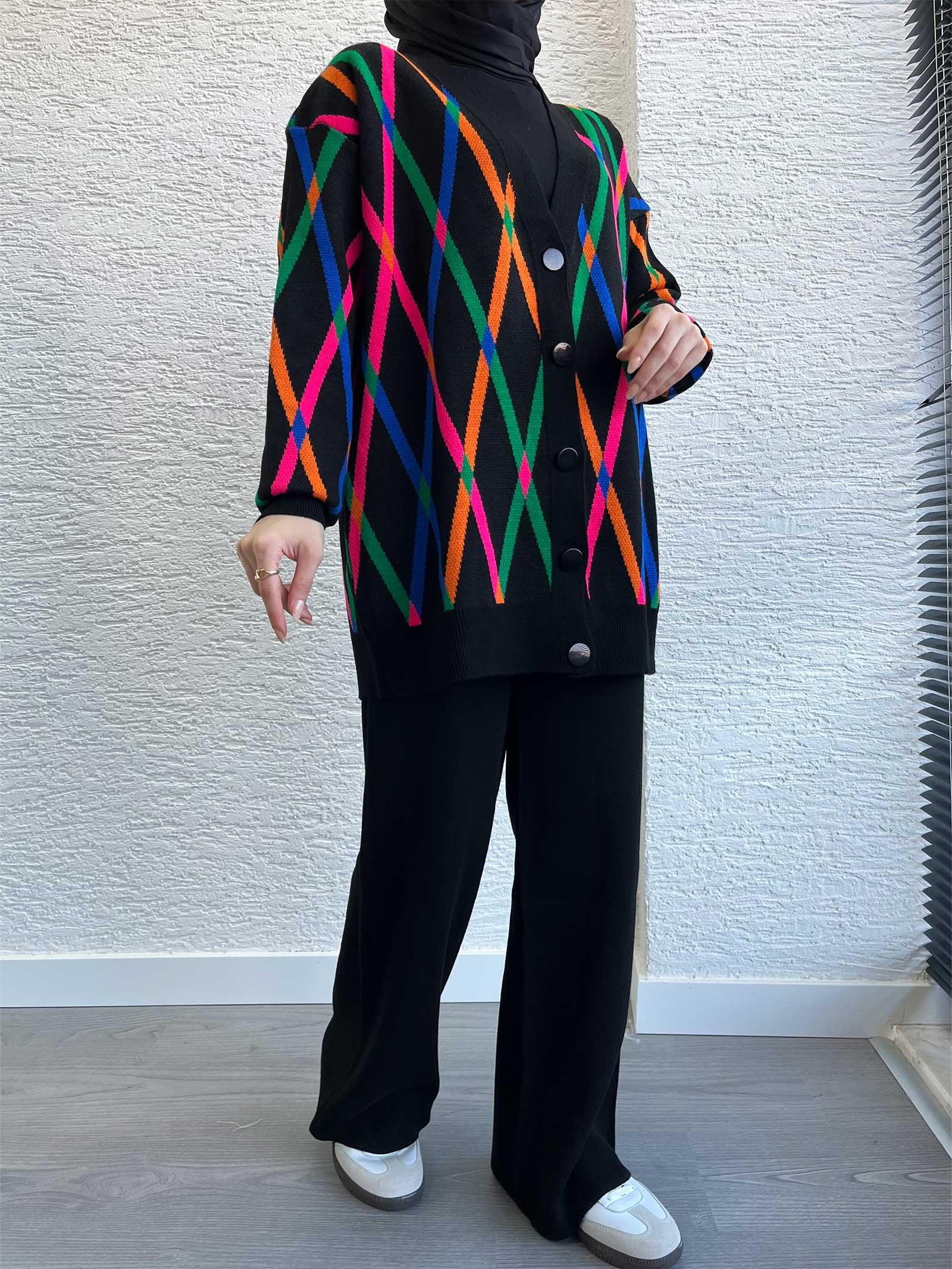 Renkli Desenli Oversize Kadın Triko Takım