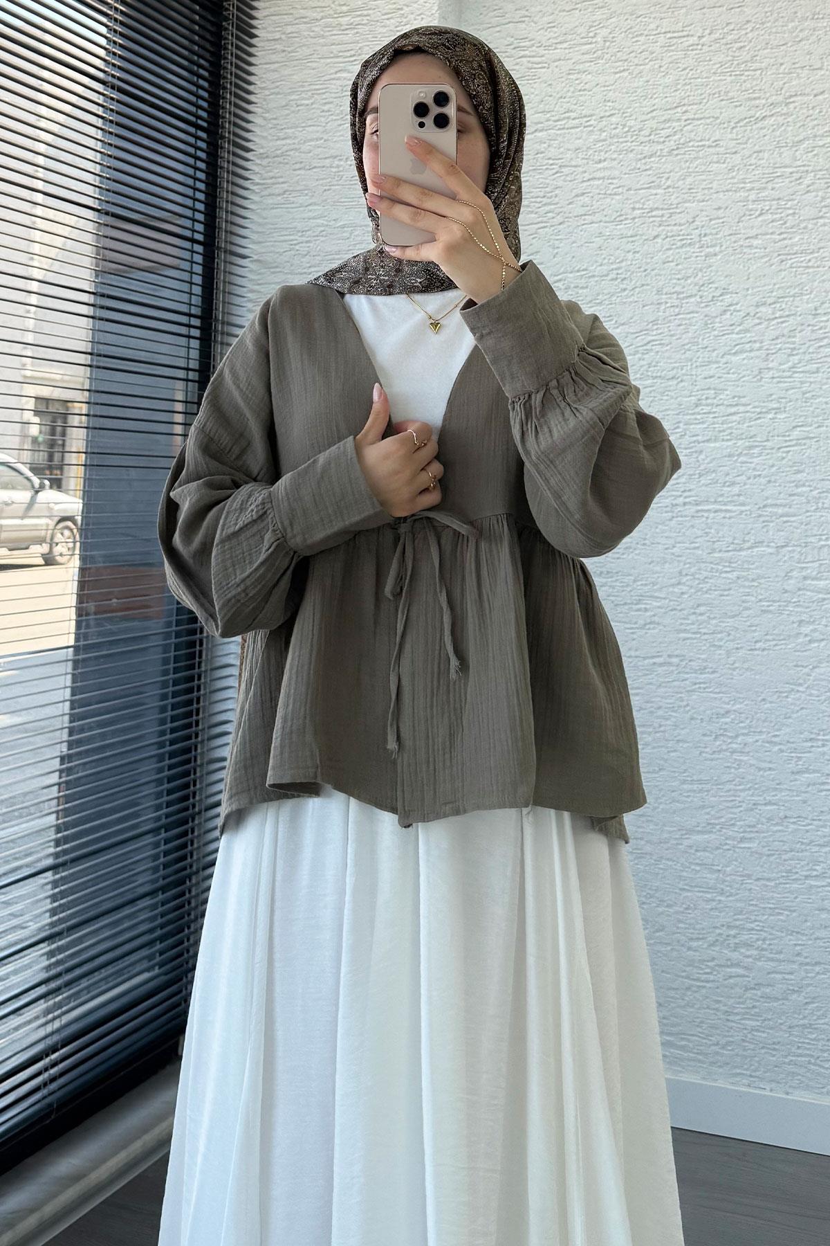 Robadan Bağlamalı Müslin Kimono – Haki