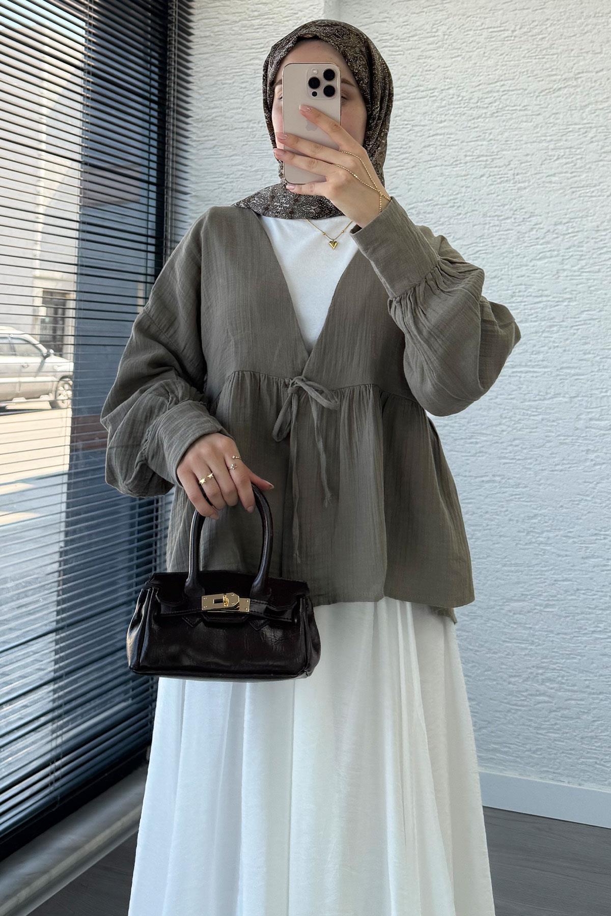 Robadan Bağlamalı Müslin Kimono – Haki