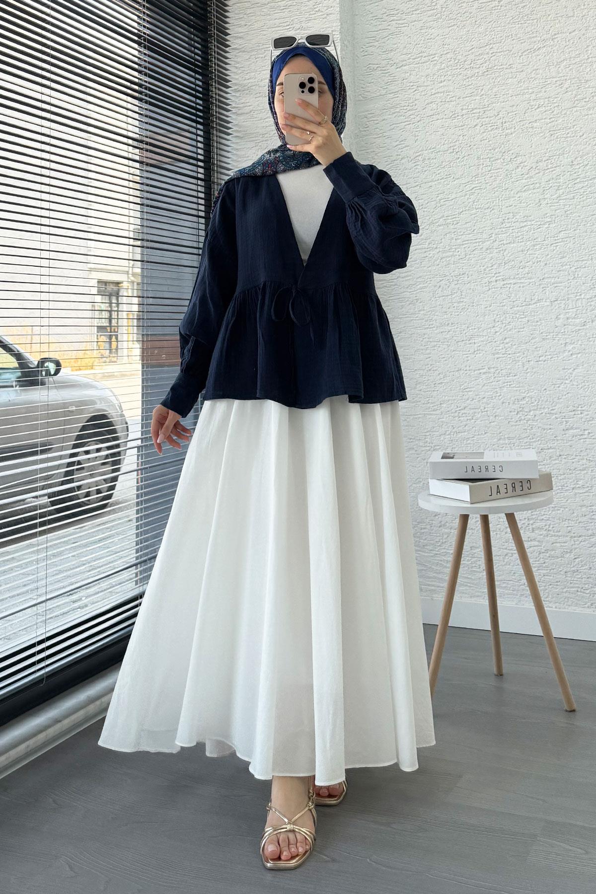 Robadan Bağlamalı Müslin Kimono – Lacivert