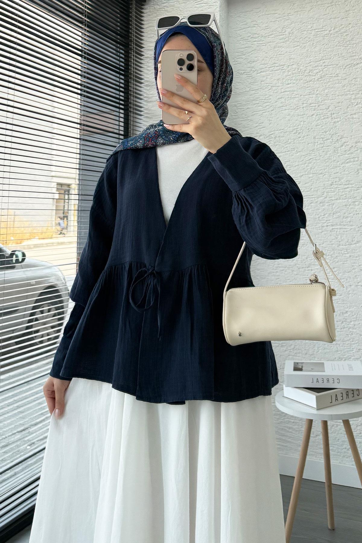 Robadan Bağlamalı Müslin Kimono – Lacivert