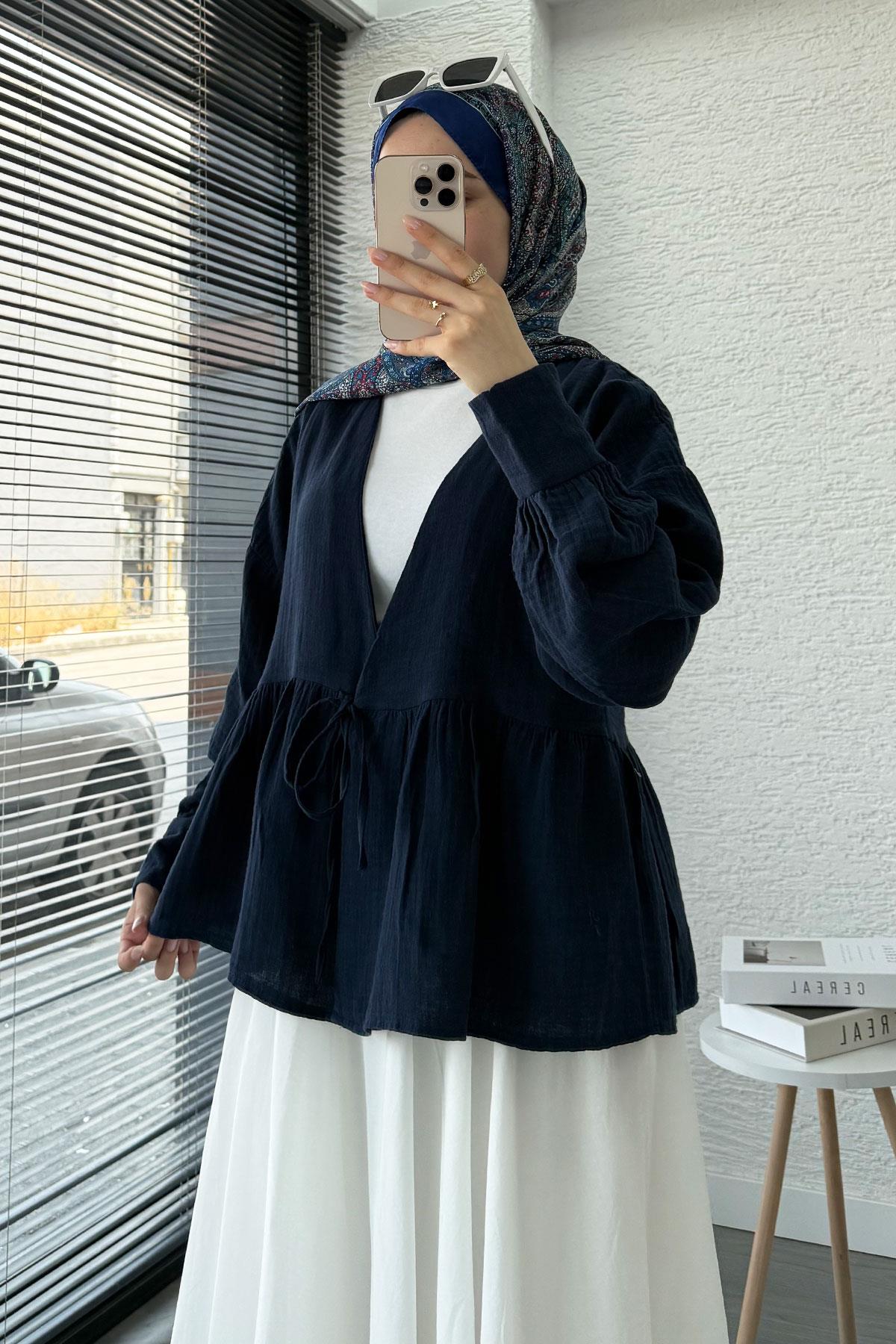 Robadan Bağlamalı Müslin Kimono – Lacivert