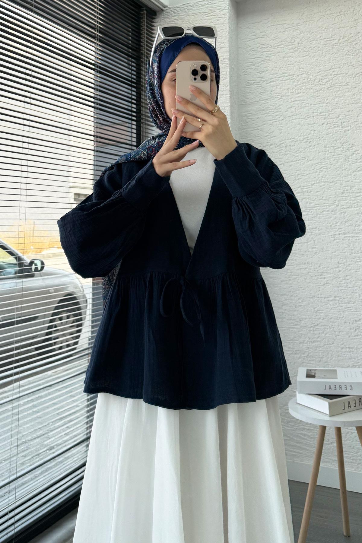 Robadan Bağlamalı Müslin Kimono – Lacivert