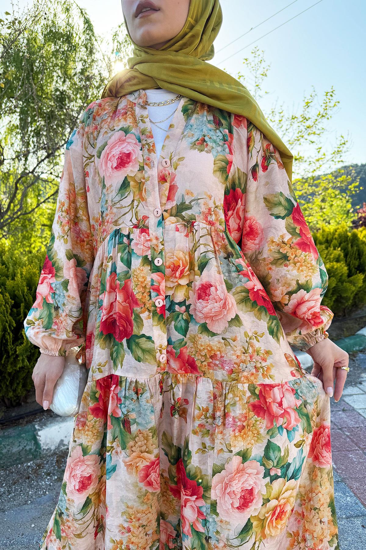 Rosabella Yazlık Çiçek Desenli Elbise – Turuncu