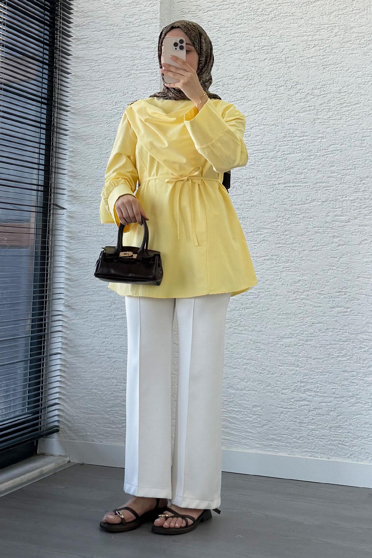 Şal Yaka Broş Detaylı Poplin Tunik – Sarı