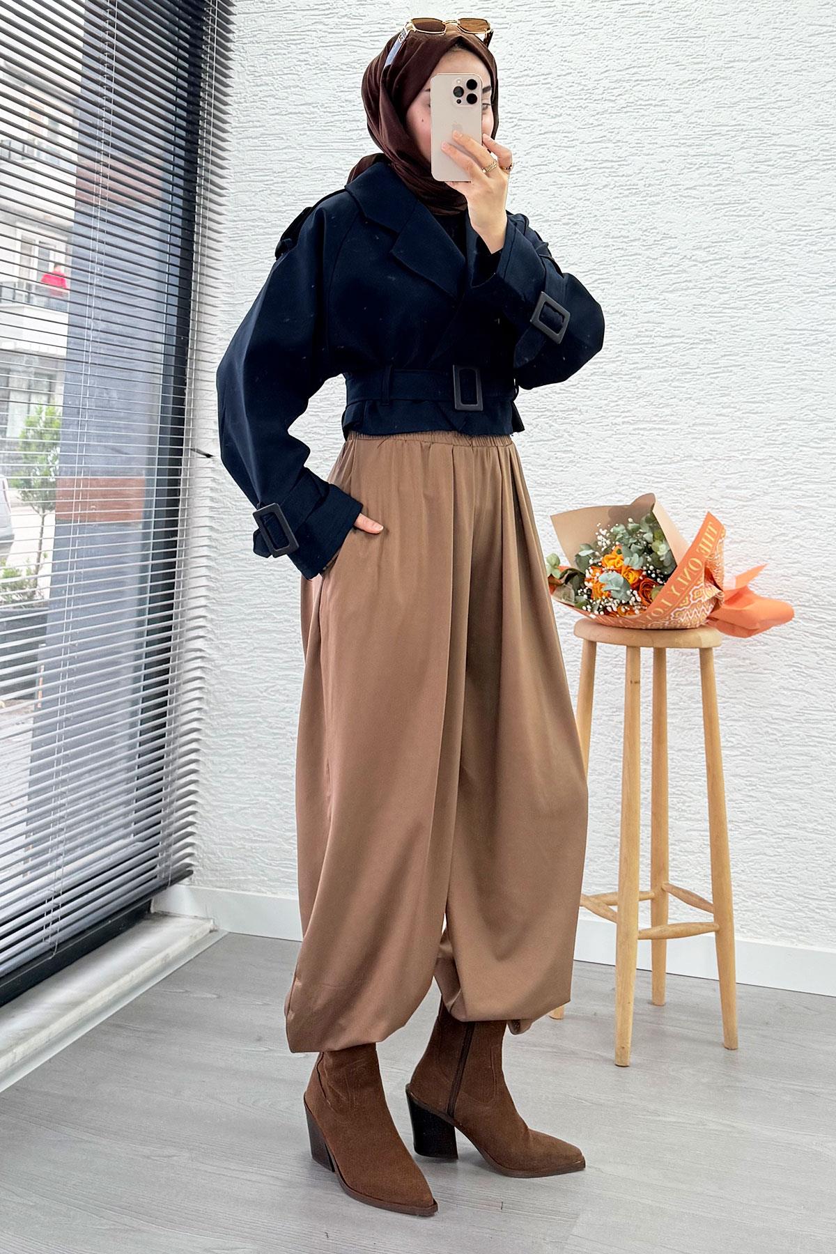 Şalvar Kesim Lastikli Bel Kadın Pantolon – Kahverengi