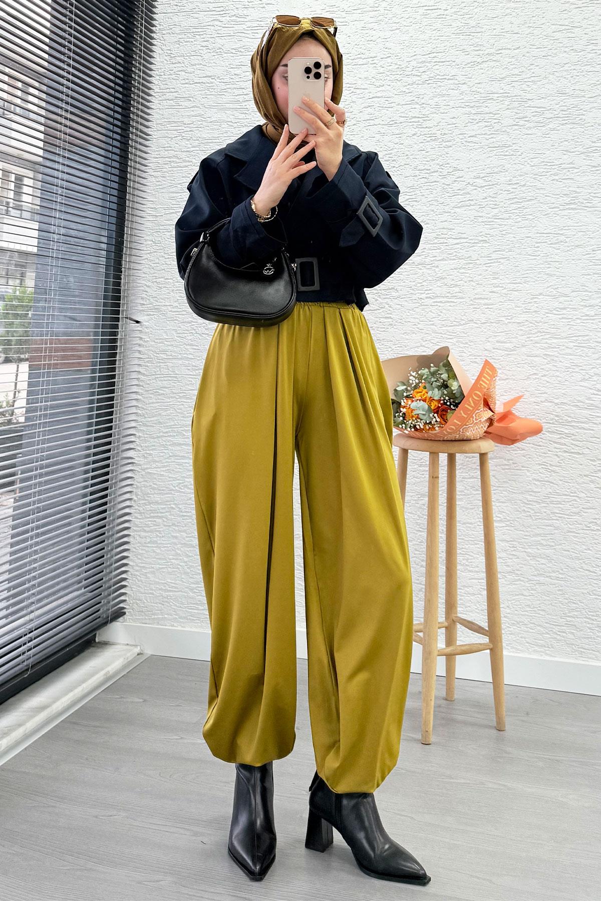 Şalvar Kesim Lastikli Bel Kadın Pantolon – Yağ Yeşili