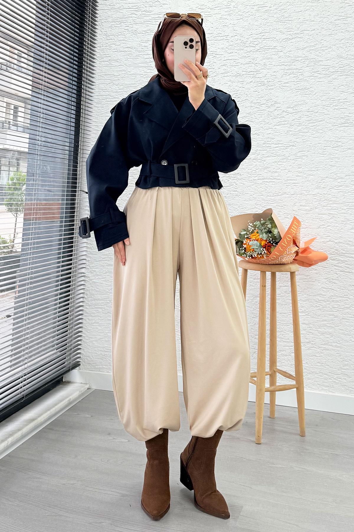 Şalvar Kesim Lastikli Bel Kadın Pantolon – Krem