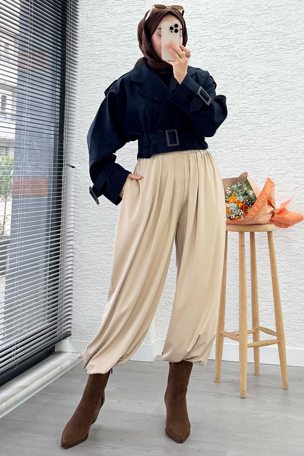 Şalvar Kesim Lastikli Bel Kadın Pantolon – Krem