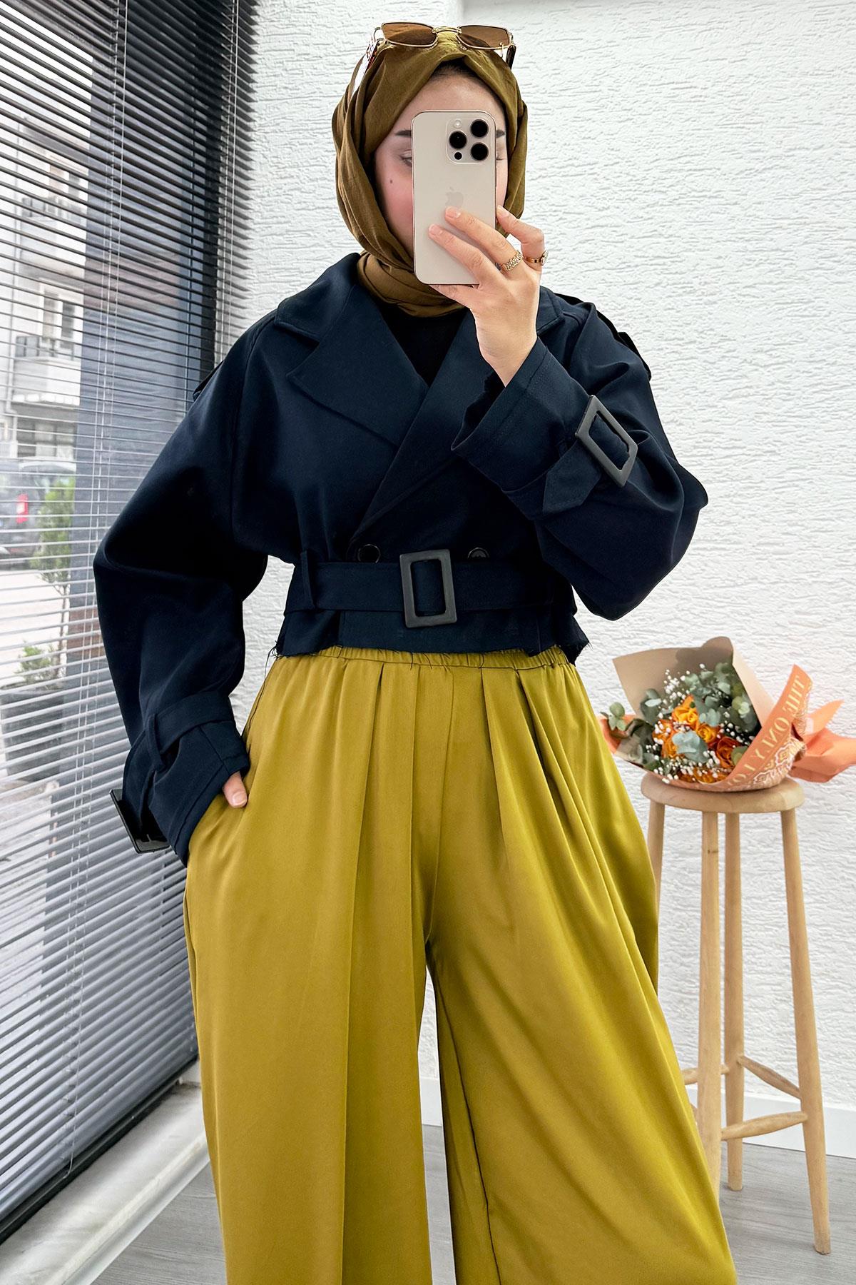 Şalvar Kesim Lastikli Bel Kadın Pantolon – Yağ Yeşili