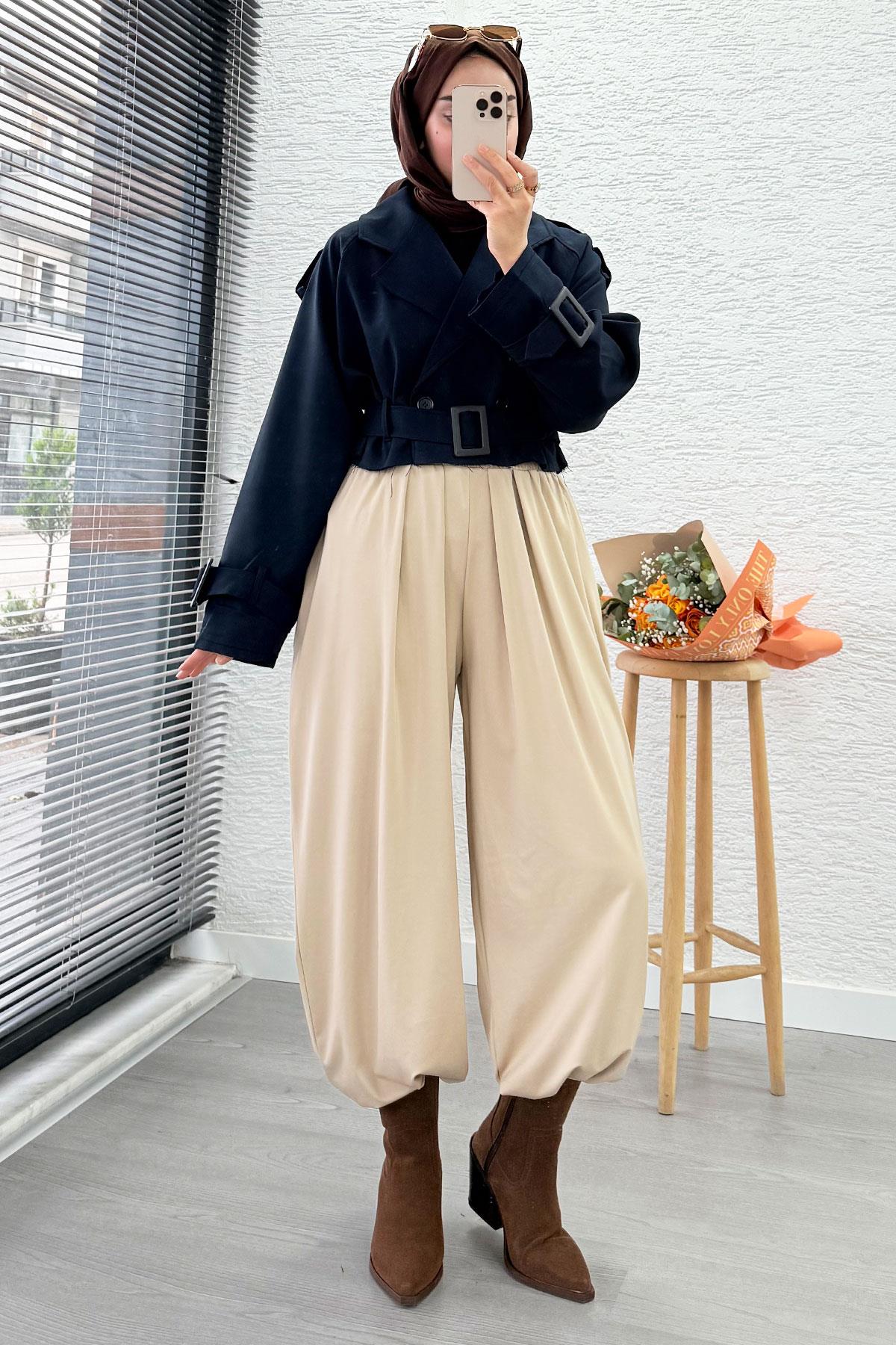 Şalvar Kesim Lastikli Bel Kadın Pantolon – Krem