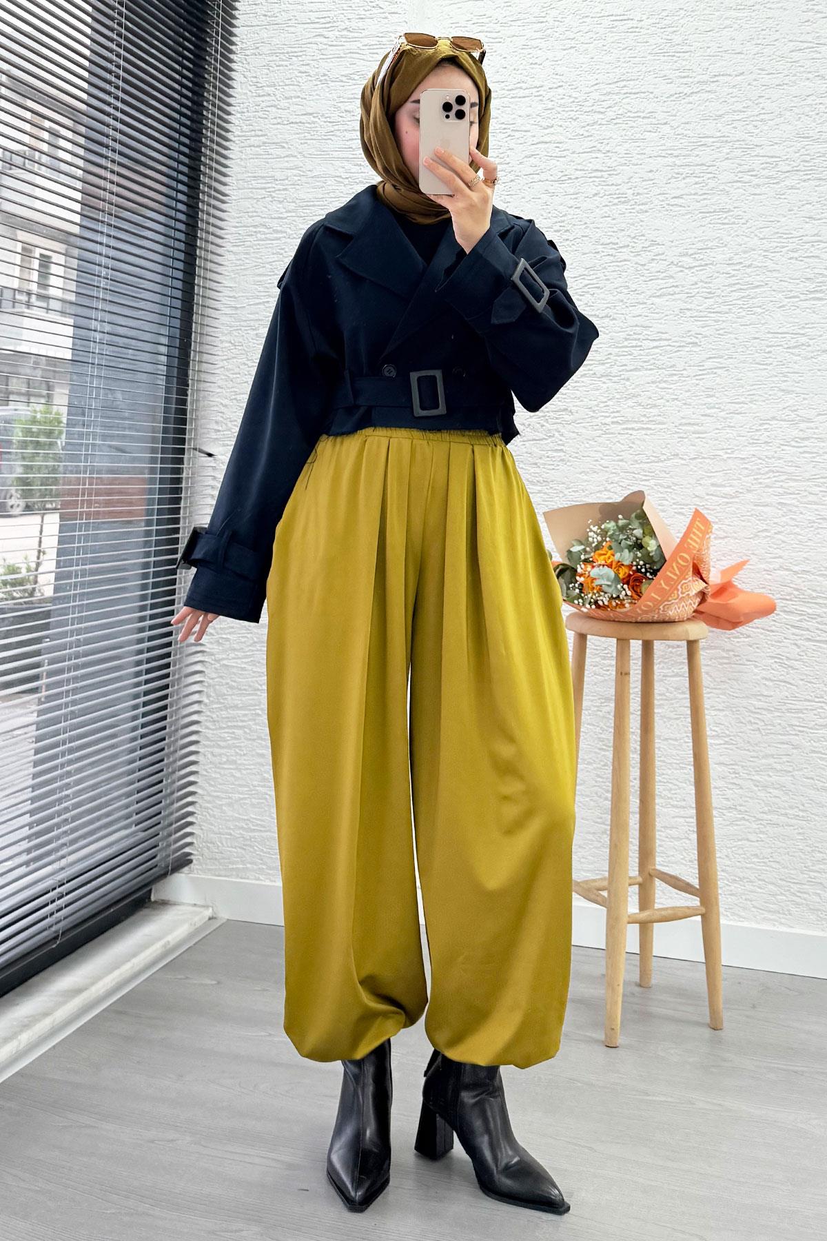 Şalvar Kesim Lastikli Bel Kadın Pantolon – Yağ Yeşili