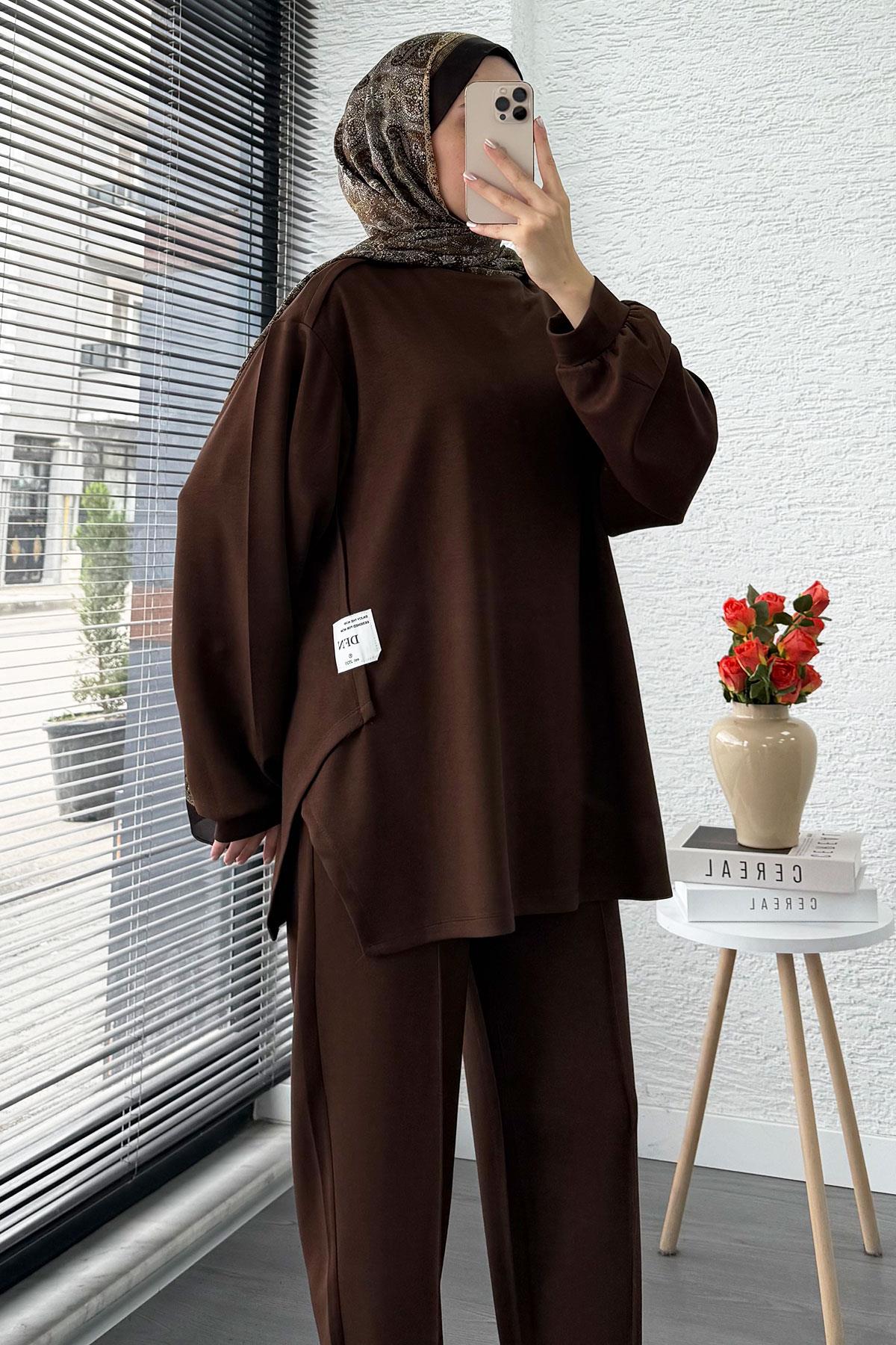Şalvar Kesim Pantolonlu Kadın İkili Takım - Kahverengi