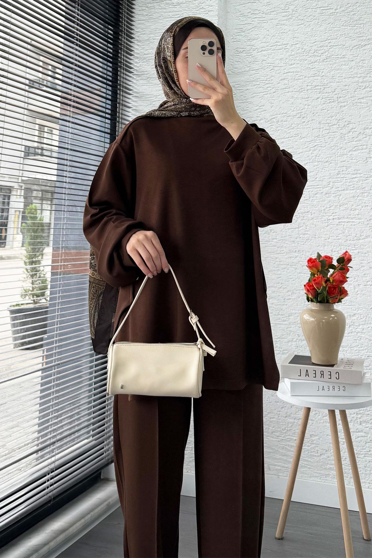 Şalvar Kesim Pantolonlu Kadın İkili Takım - Kahverengi