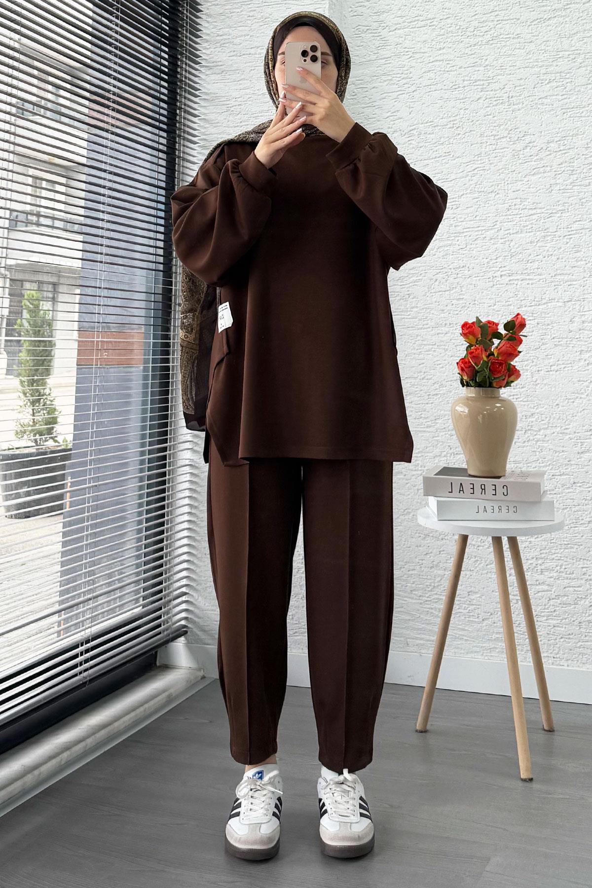 Şalvar Kesim Pantolonlu Kadın İkili Takım - Kahverengi